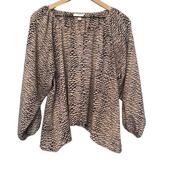 Kenar Small Tan & Black Blouse Balloon Sleeve Sharkbite Hem Top - Picture 1 of 10